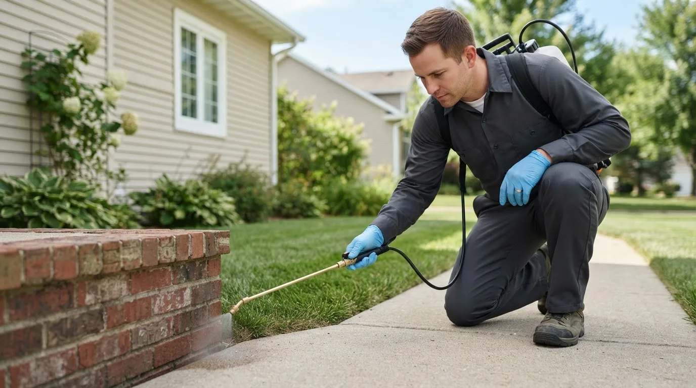 Pest control technician treating a home near Hilltop, WV