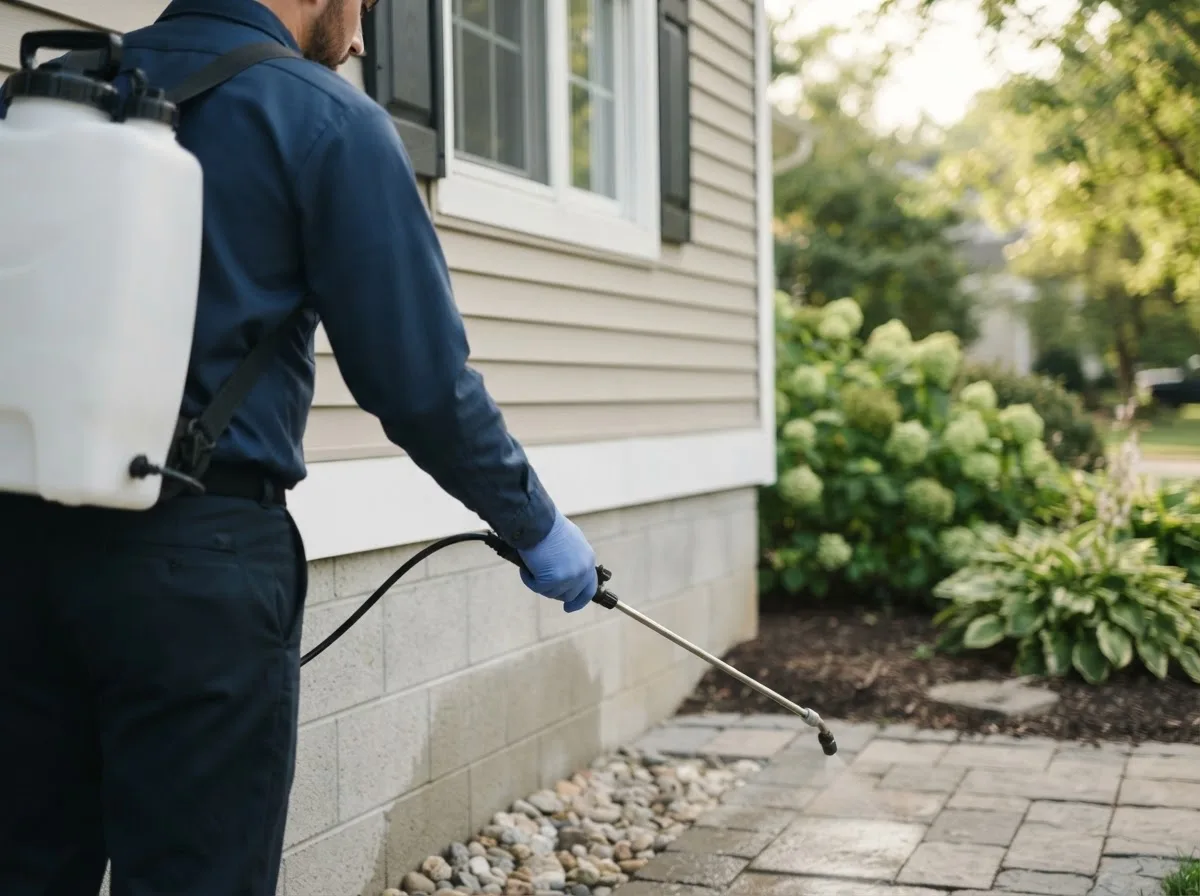 Pest control technician inspecting a home in Hilltop, WV